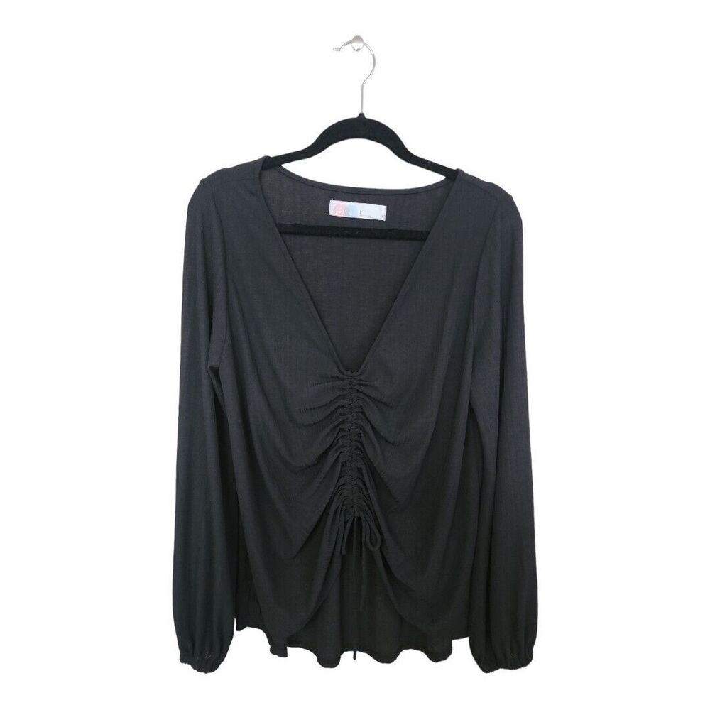 Free People FP Beach Women Top Medium Black Shirt Ruched Front Drawstring Shirt